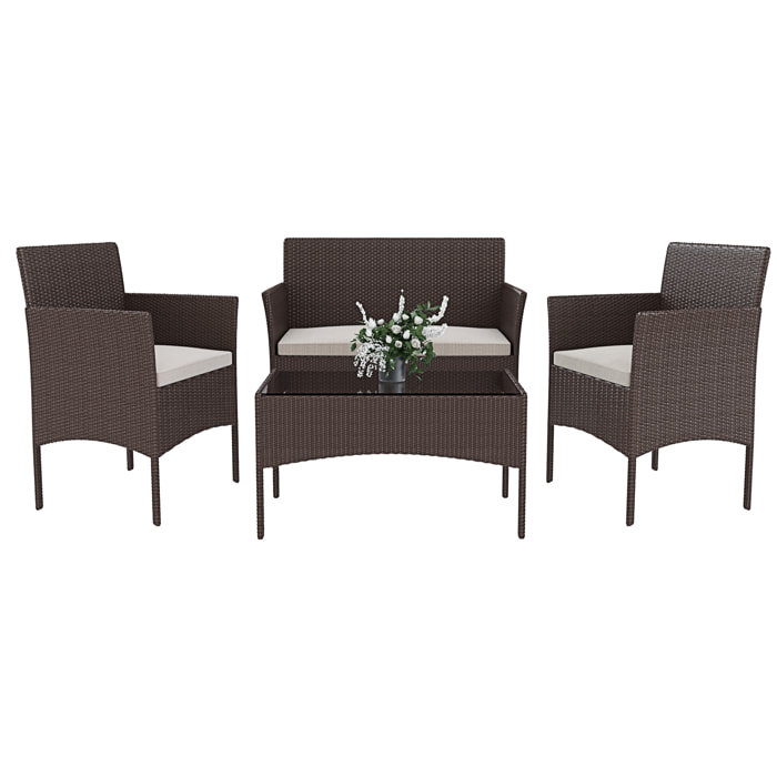 Set Di Mobili da Giardino Salotto Salottino in Rattan 4 Posti con Tavolino Ripiano In Vetro 2 Poltrone Divano 2 Posti Giardino Esterno Cuscini Marrone