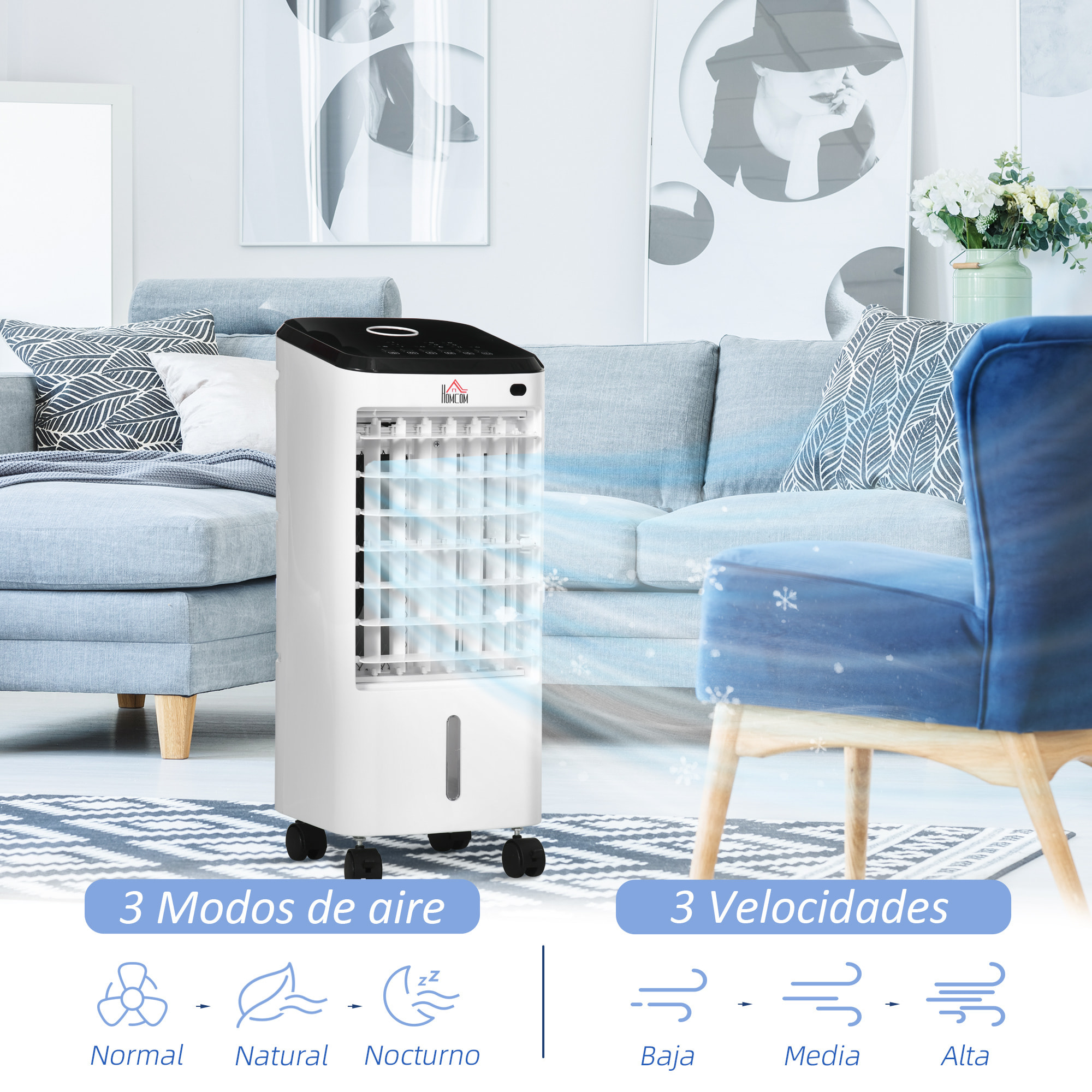 Climatizador Evaporativo 3,5L 3 en 1 Humidificador Ventilador 65W Pantalla LED Control Remoto Temporizador Oscilación 3 Velocidades 3 Modos 24,5x27x60 cm Blanco