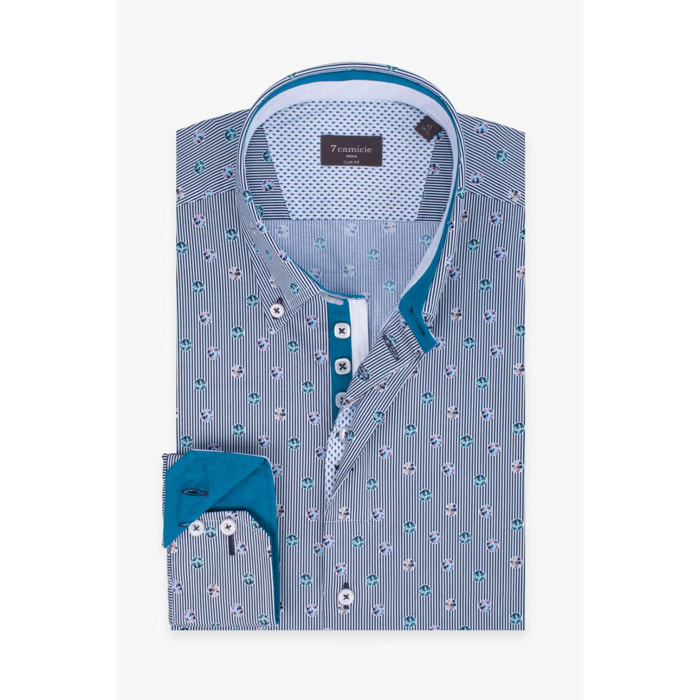 Camicia Uomo 2 Bottoni Button Down Slim Popeline Riga Stretta Blu\Bianco