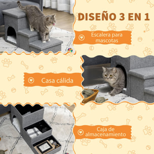 Escalera para Perros Escalera Rampa para Mascotas de 3 Peldaños con Tapas 3 Cajas de Almacenamiento Cueva y Cojín Lavable para Cama Sofá 73,5x33x40,5 cm Gris