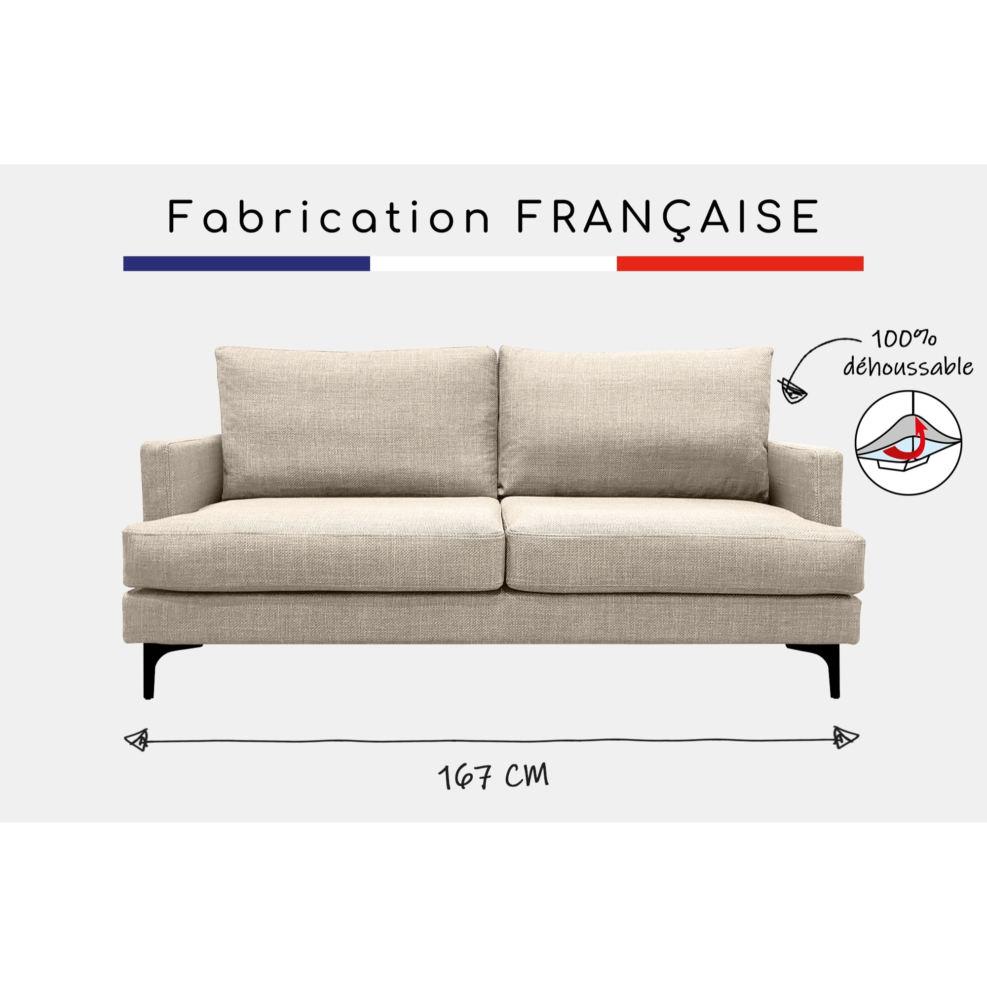 Canapé 3 pl WIMY 167 cm fixe tissu Beige - 100% déhoussable - Fab. France