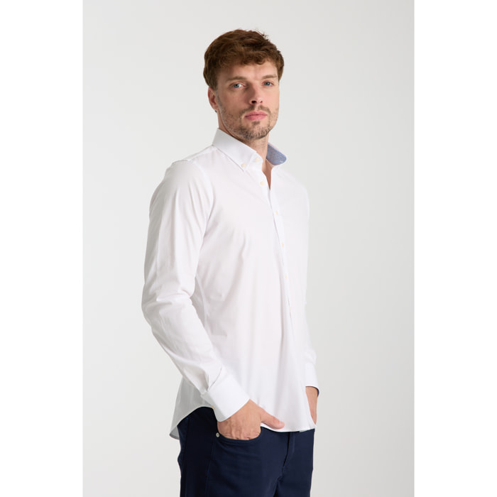 camicia uomo 1 bottone button down slim Popeline Stretch Unito Bianco