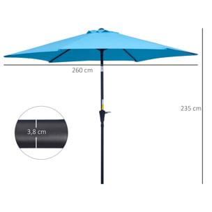 Sombrilla de Jardín, Ø260x235 cm, Parasol de Jardín Reclinable con Manivela, Poste Desmontable de Aluminio y 6 Varillas de Metal, para Terraza, Exterior, Balcón, Azul