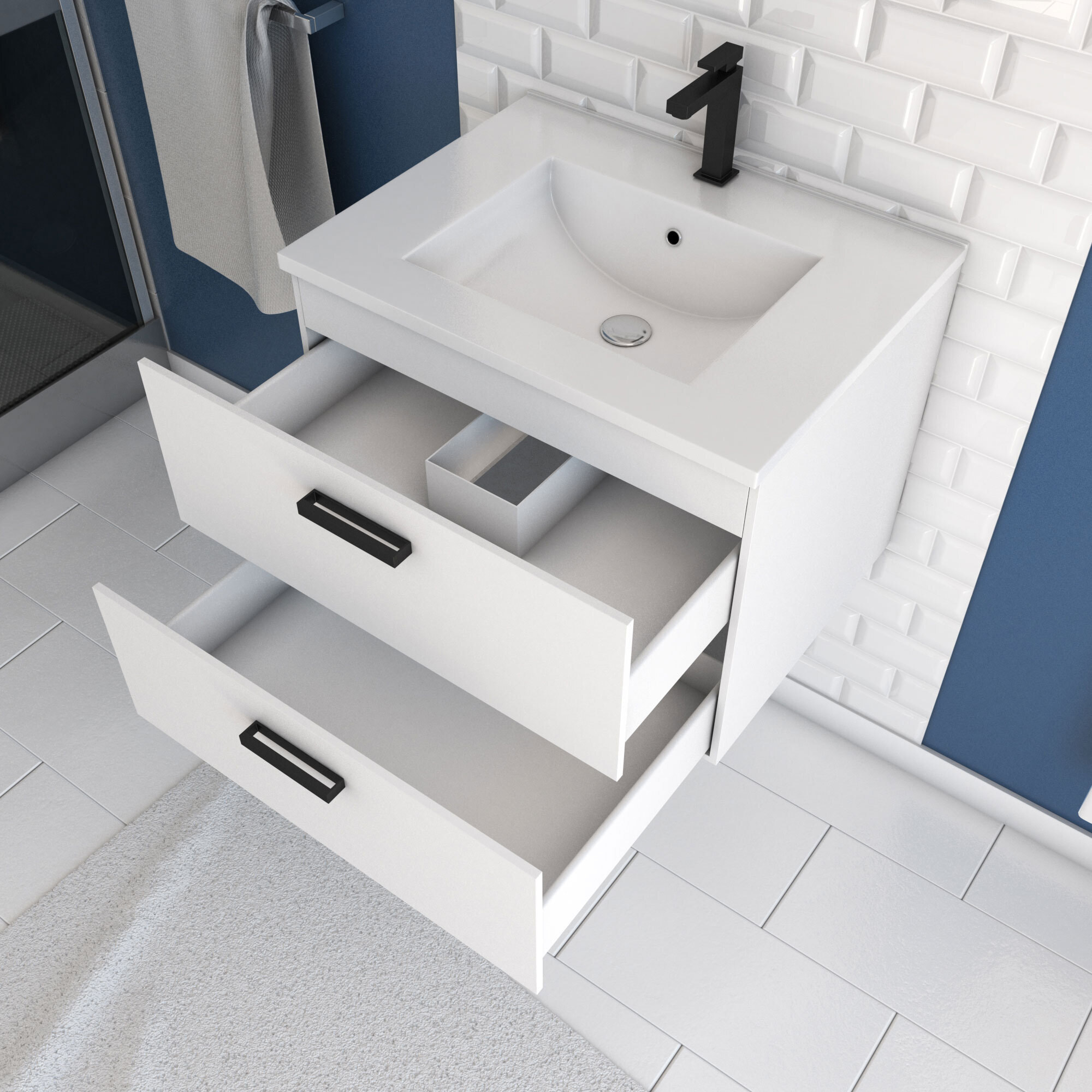 Meuble salle de bain 60 cm suspendu 2 tiroirs Blanc avec vasque et miroir - BOX-IN