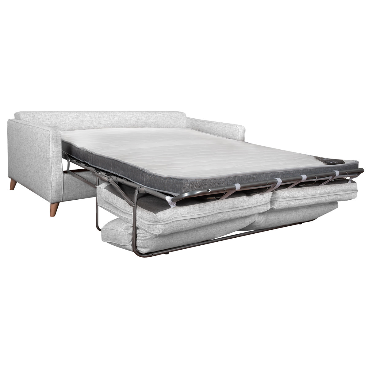 Canapé convertible scandinave 3 places en tissu gris clair et bois clair avec matelas 10 cm PAPEL