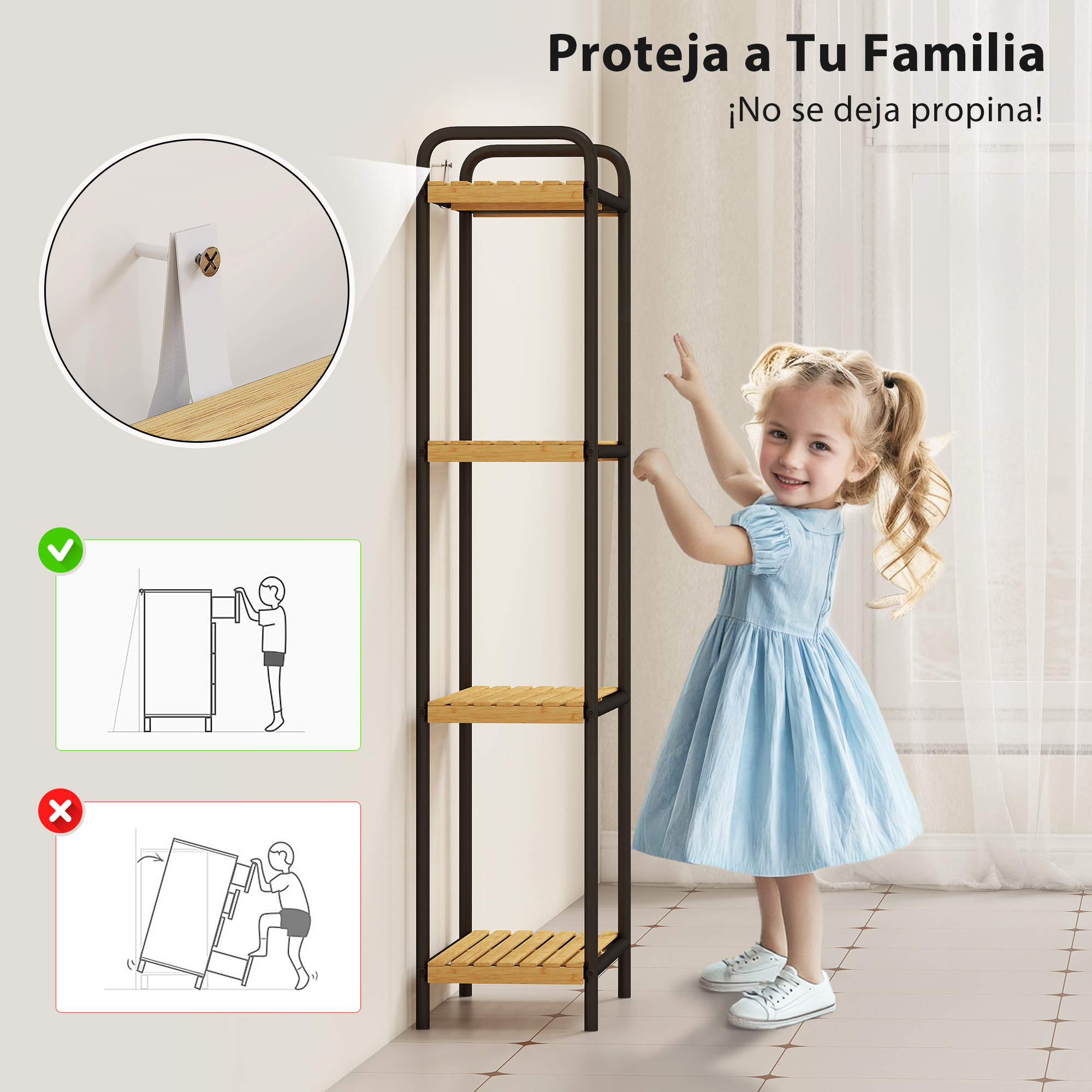 Estantería de Baño de Bambú de 4 Niveles Estantería de Almacenaje con 4 Baldas Abiertas Diseño de Lamas y Estructura de Acero para Cocina Baño Salón 41,5x21,5x106 cm Natural y Negro