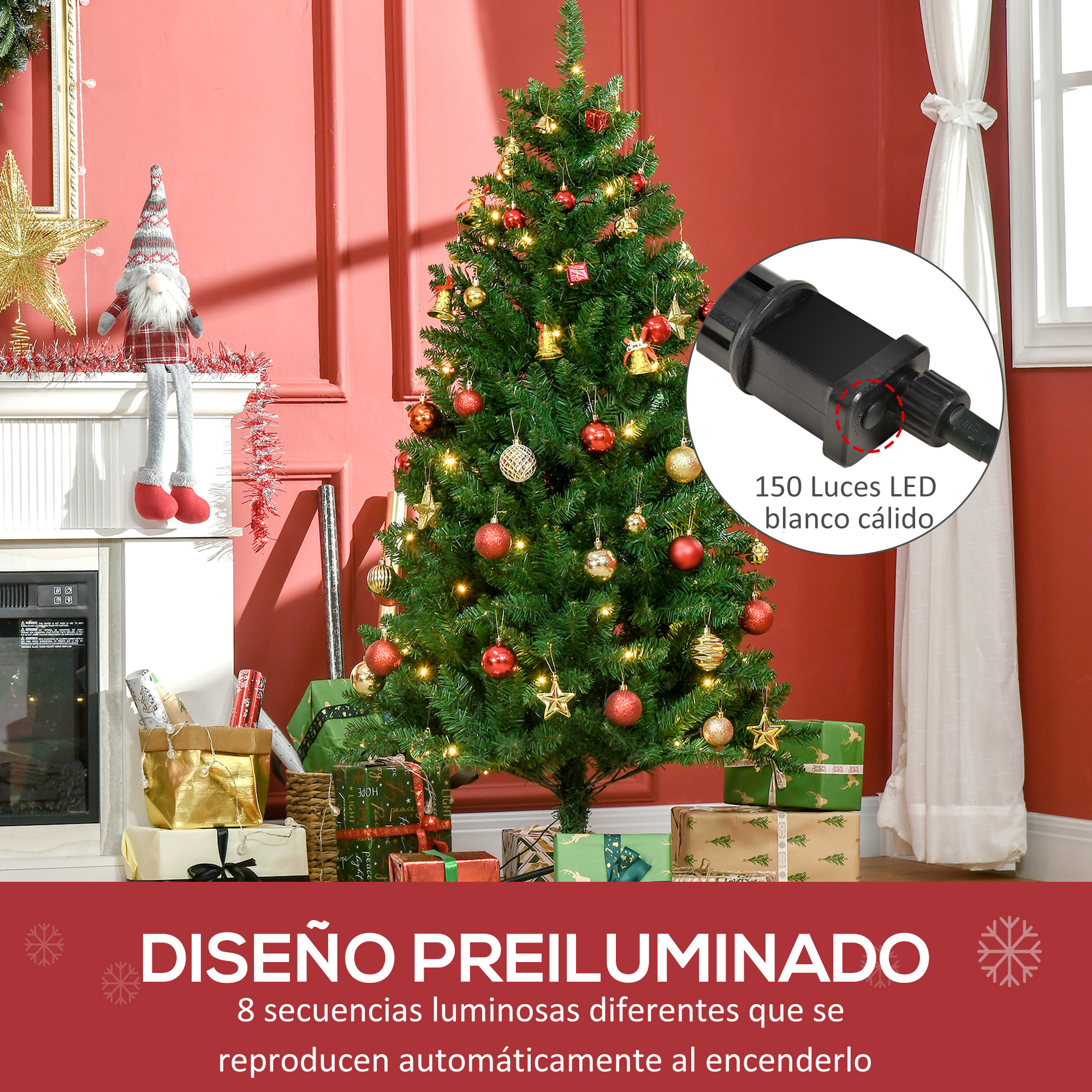 árbol de Navidad Artificial Altura 150 cm Ignífugo con 502 Ramas 150 Luces LED