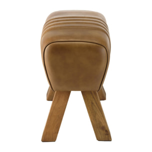 MARCEL - Tabouret matelassé en cuir marron pieds inclinés en manguier