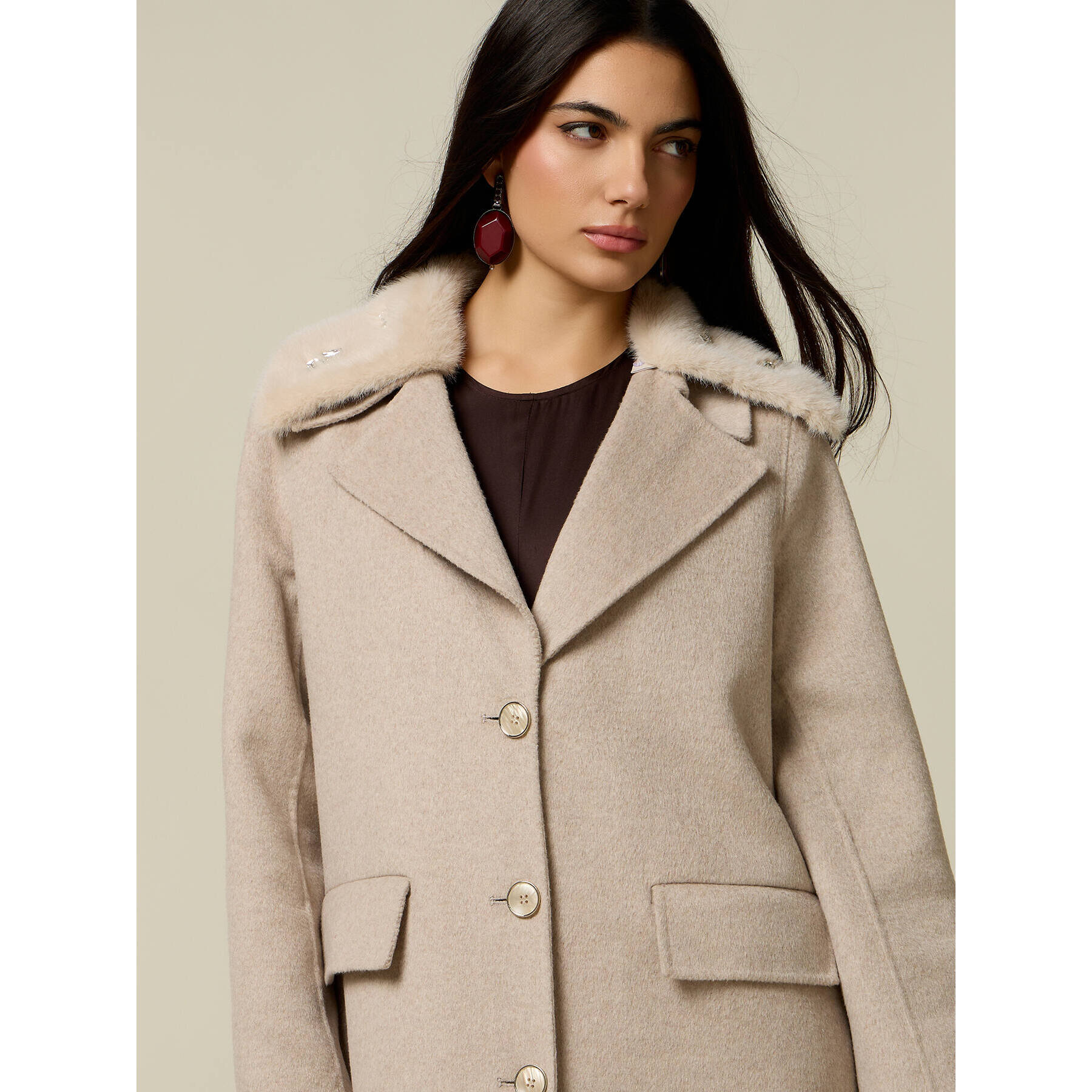 Oltre - Cappotto lungo misto lana con castoni - Beige