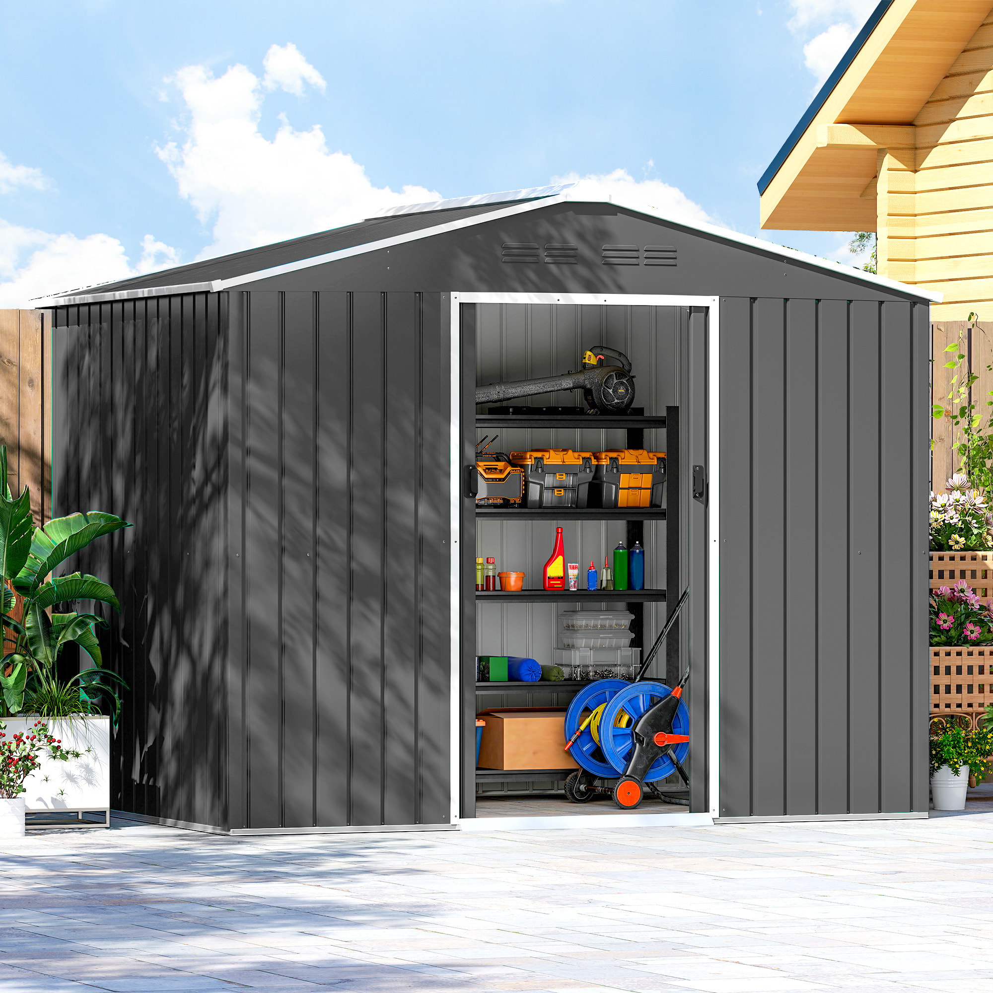 Caseta de Jardín Exterior 3,6 m², 236x171x191 cm, Cobertizo de Jardín Exterior Metálico con Puertas Correderas y Ranuras de Ventilación, para Almacenamiento de Herramientas, Gris Oscuro