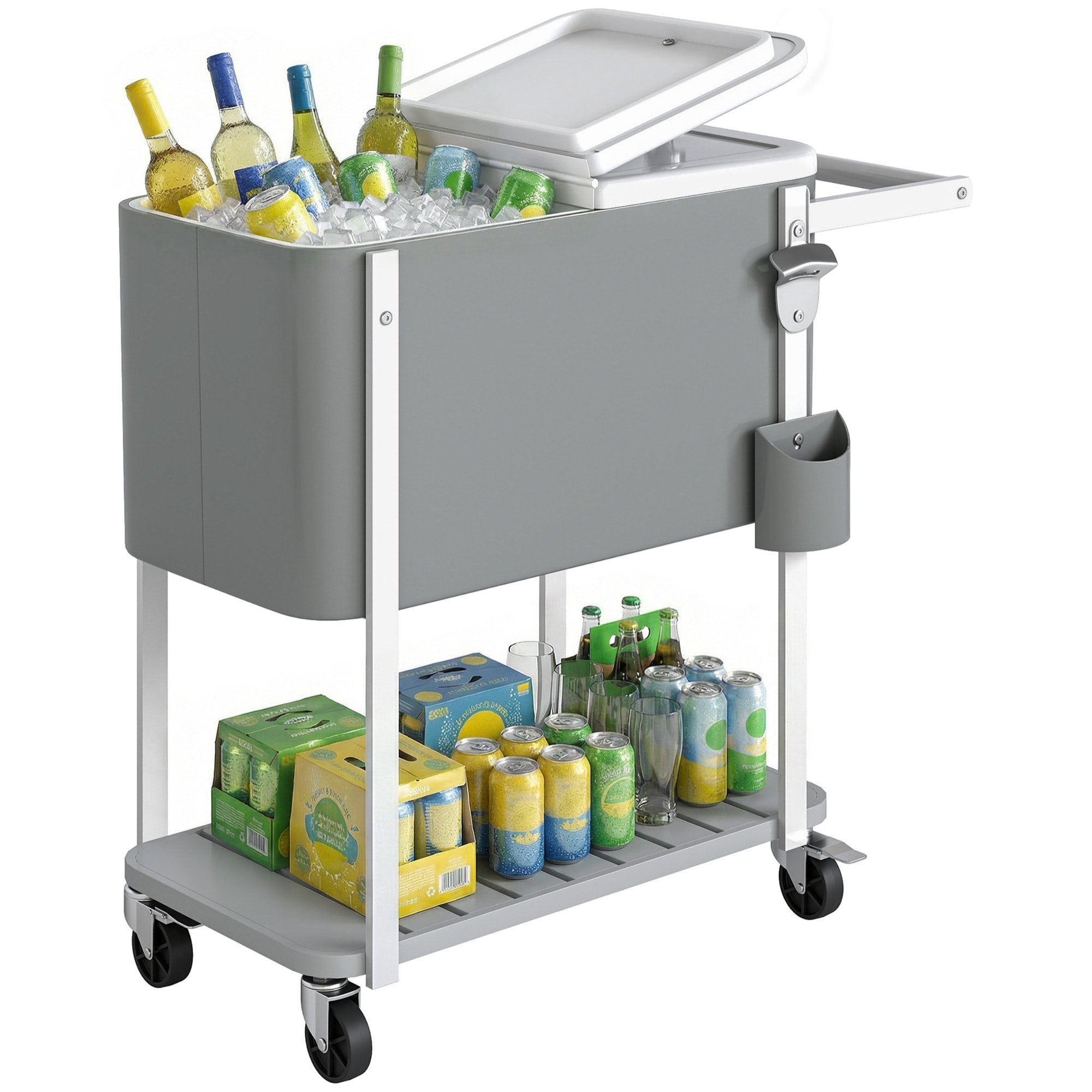 Carrito Nevera de 56L con Ruedas, Carro de Bebidas con Estante, Abrebotellas, Recogetapas, Drenaje y Asa, Mesa Nevera Jardín Exterior para Patio, Fiesta, BBQ, 84x38x83 cm, Gris