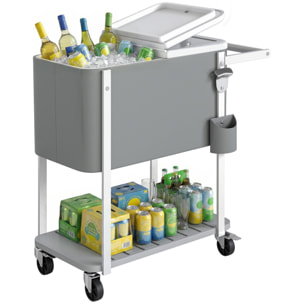 Carrito Nevera de 56L con Ruedas, Carro de Bebidas con Estante, Abrebotellas, Recogetapas, Drenaje y Asa, Mesa Nevera Jardín Exterior para Patio, Fiesta, BBQ, 84x38x83 cm, Gris