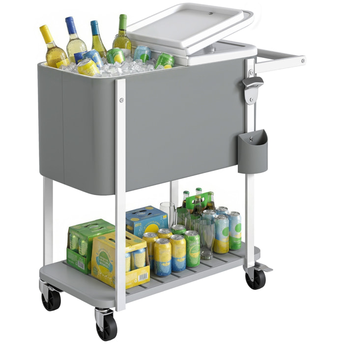 Carrito Nevera de 56L con Ruedas, Carro de Bebidas con Estante, Abrebotellas, Recogetapas, Drenaje y Asa, Mesa Nevera Jardín Exterior para Patio, Fiesta, BBQ, 84x38x83 cm, Gris
