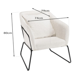 AGATHE - Fauteuil tissu bouclette blanc pieds évasés métal noir