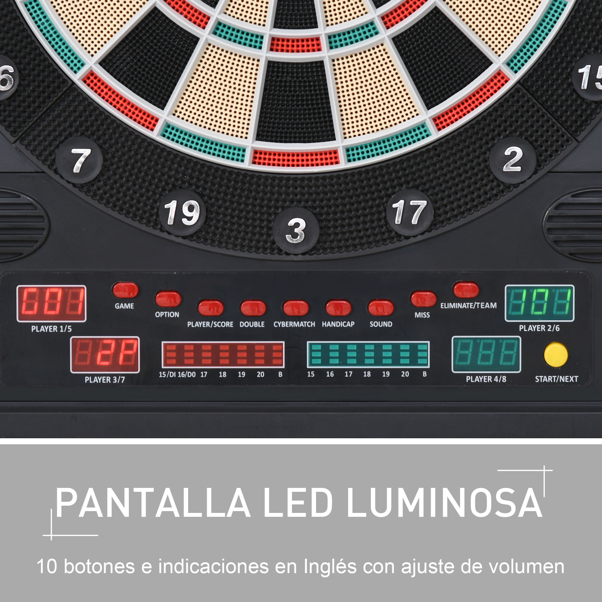 Diana Electrónica Digital hasta 8 Jugadores con 12 Dardos y 30 Puntas con Pantalla LED Puertas 27 Juegos Distintos y 202 Variantes 51x6,5x57 cm Negro