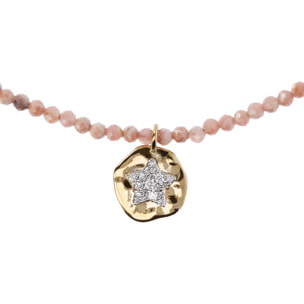 Collana Girocollo in Rodonite e Pendente Tondo Martellato con Stella in Pavé