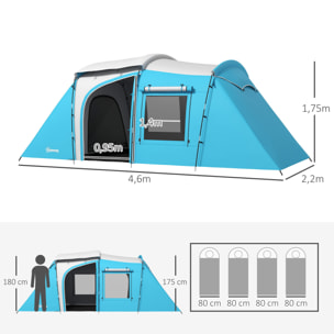 Tente de camping 3-4 pers. 2 chambres 4 portes 4 fenêtres sac bleu
