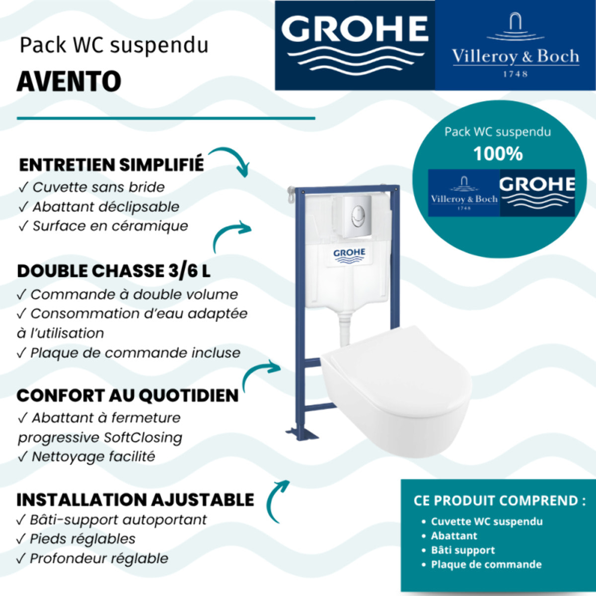 Pack WC suspendu sans bride Avento + abattant + bâti-support autoportant + plaque chromée