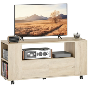 Mueble de TV con Ruedas, Mesa de TV Móvil, Mueble para Televisión hasta 42 Pulgadas, con 2 Cajones, Estantes Ajustables, para Salón, Comedor, Dormitorio, Madera Natural
