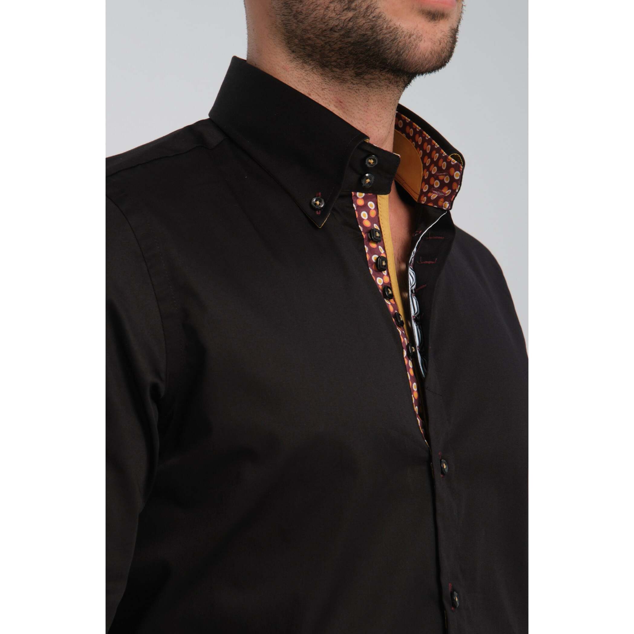 Camicia Uomo 2 Bottoni Button Down Slim Satin Unito Nero
