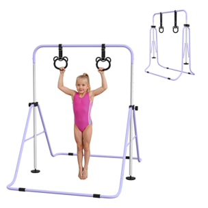Barra de Gimnasia para Niños con Altura Ajustable en 5 Niveles y Anillos, Barra de Entrenamiento de Gimnasia Plegable en Casa, Púrpura