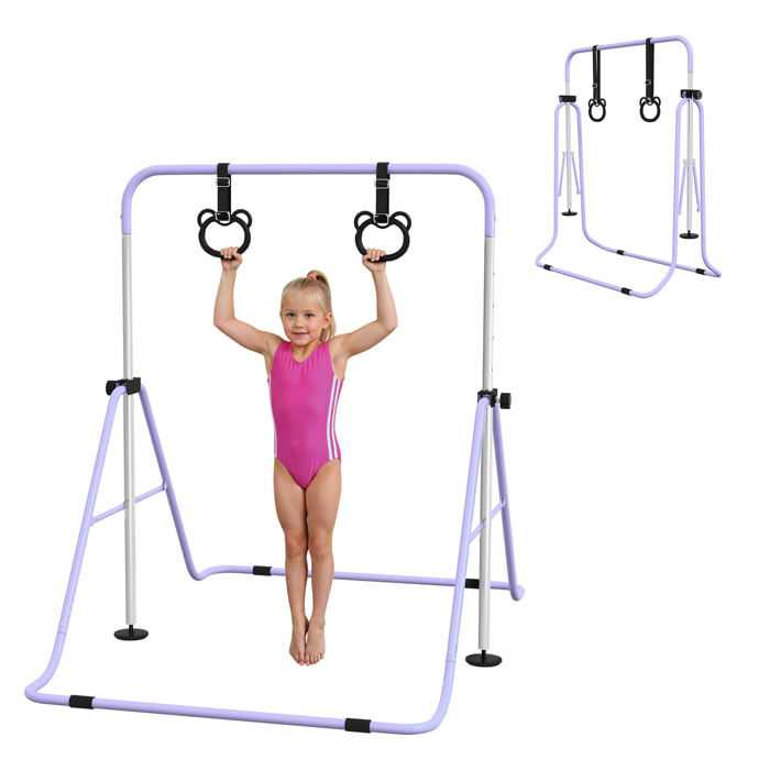 Barra de Gimnasia para Niños con Altura Ajustable en 5 Niveles y Anillos, Barra de Entrenamiento de Gimnasia Plegable en Casa, Púrpura
