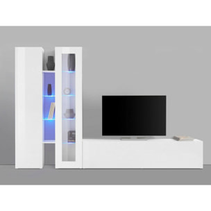 Parete attrezzata Dimitri, Set salotto porta TV a 3 ante, Mobile soggiorno multiuso con vetrina e luce LED, 100% Made in Italy, cm 280x30h180, Bianco lucido