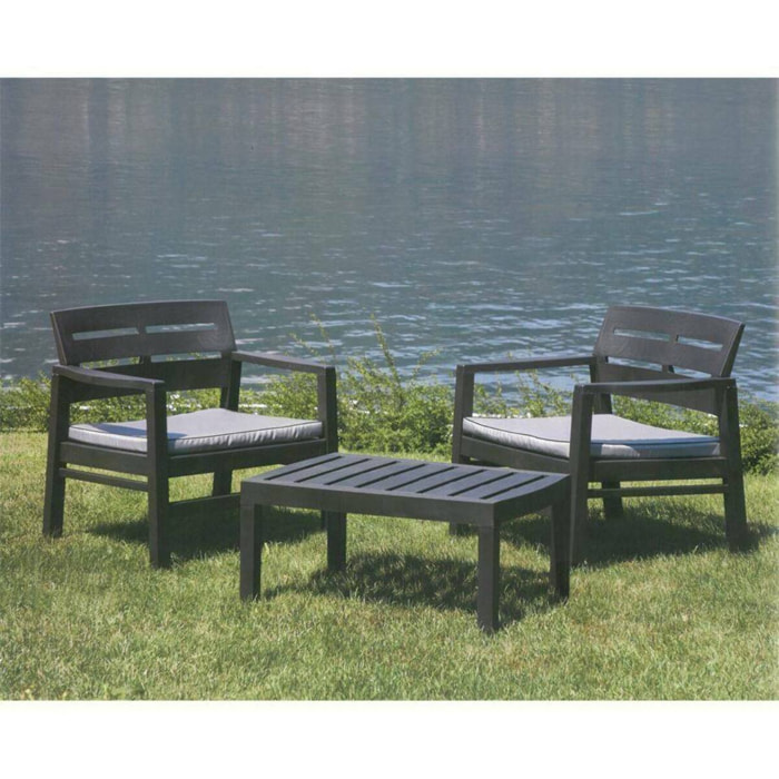 Set salotto da esterno Benevento, Set da giardino con 2 poltrone e 1 tavolino, Salottino indoor e outdoor con cuscini, 100% Made in Italy, Antracite