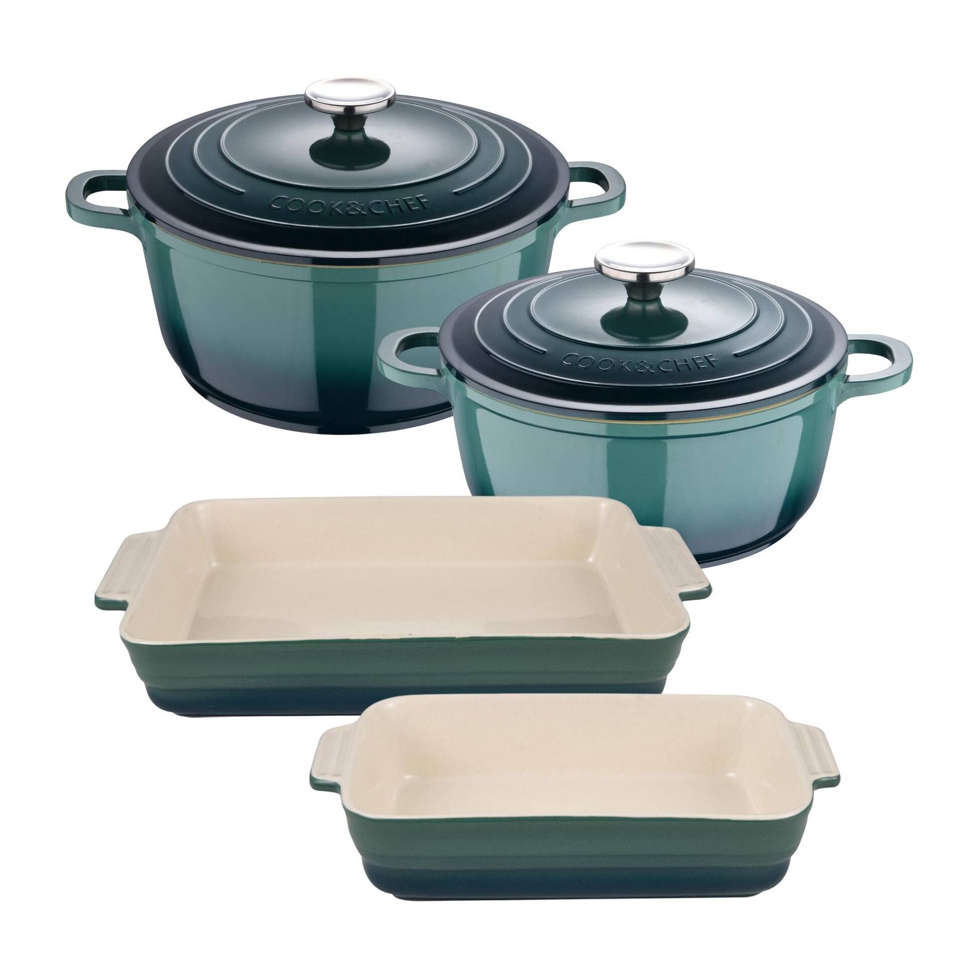 Juego de 2 Cacerolas Ø20Ø24cm con tapas en aluminio fundido + 2 Fuentes de horno rectangulares en gres color Verde EXCALIBUR Bergner