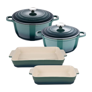 Juego de 2 Cacerolas Ø20Ø24cm con tapas en aluminio fundido + 2 Fuentes de horno rectangulares en gres color Verde EXCALIBUR Bergner