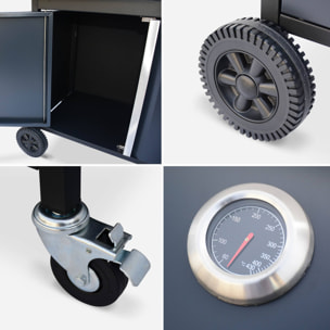 Barbecue au gaz - Bazin 3 Gris anthracite -  Cuisine extérieure 3 brûleurs + 1 feu latéral avec tablettes et thermomètre. rangement. roues