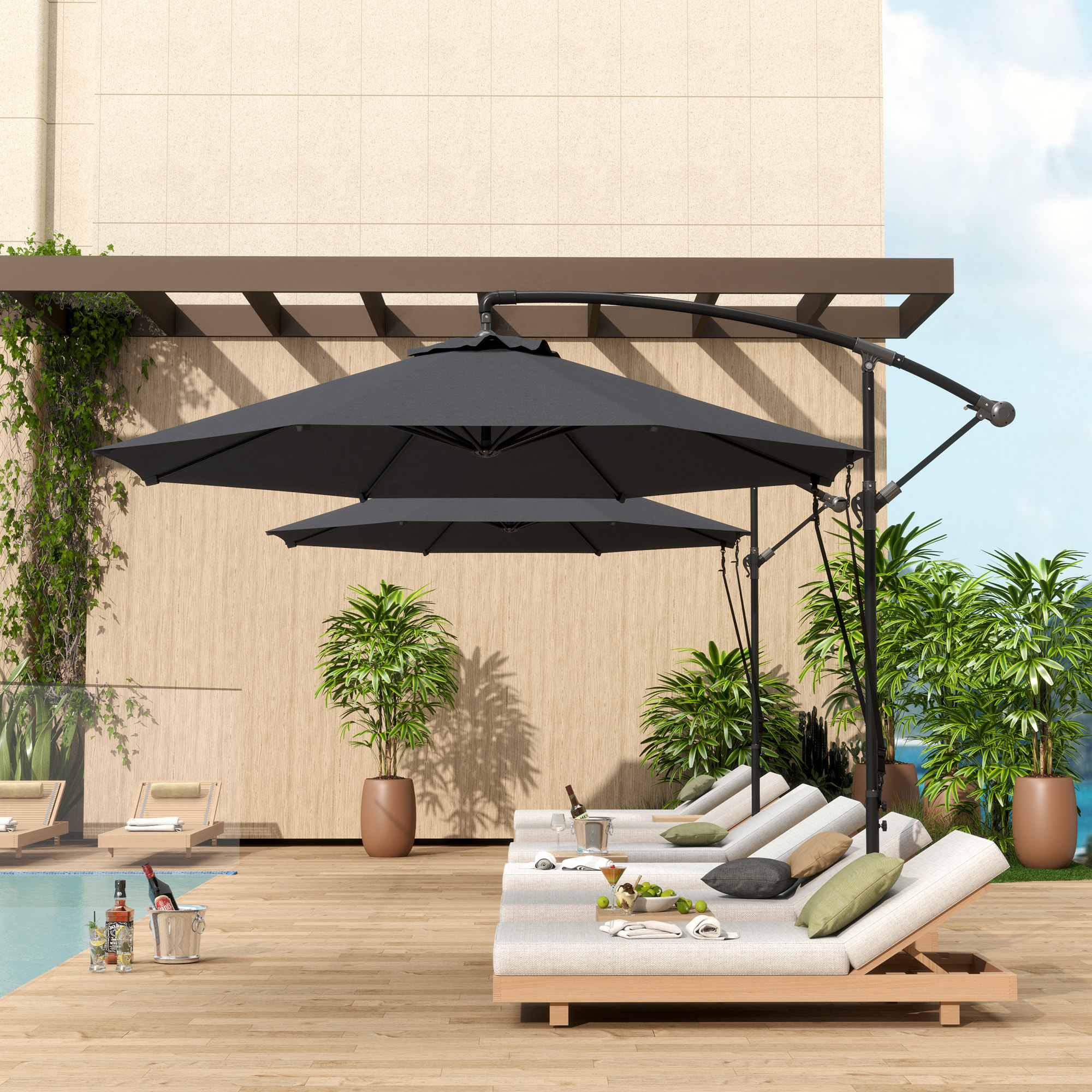 Parasol Excéntrico Ø 290 cm Sombrilla de Jardín con Base Cruzada Manivela Funda para Sombrilla y Cuerda de Viento Anti-UV 50+ Sombrilla para Terraza Patio Gris Oscuro