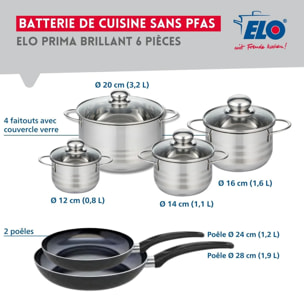 Ensemble de 2 Poêles de cuisson 24 et 28 cm et 4 faitouts 12, 14, 16 et 20 cm Elo Prima Brillant