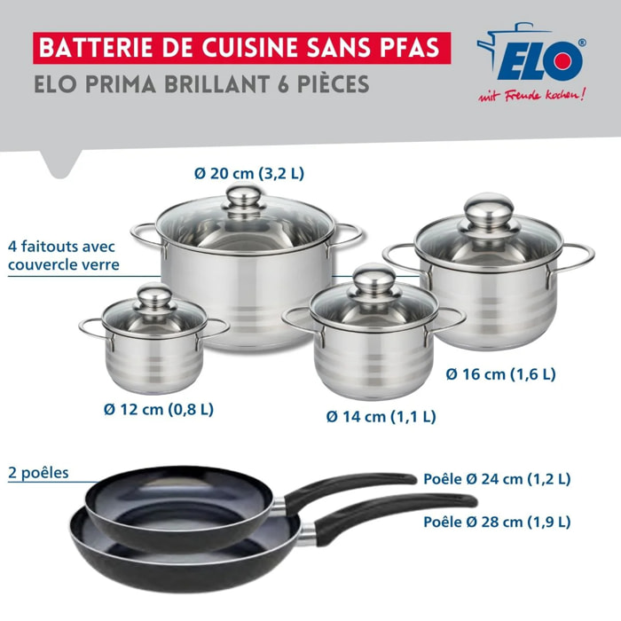Ensemble de 2 Poêles de cuisson 24 et 28 cm et 4 faitouts 12, 14, 16 et 20 cm Elo Prima Brillant