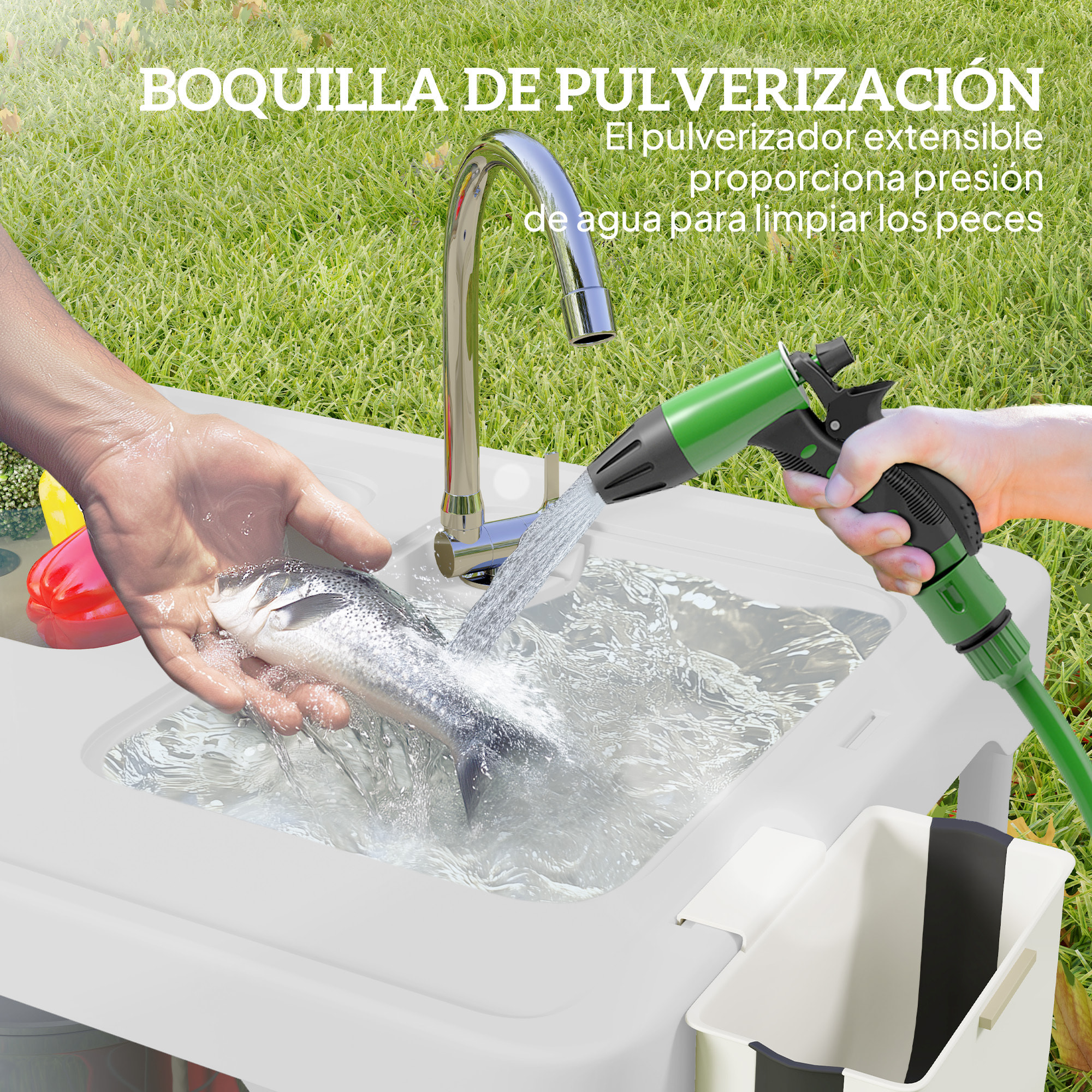 Mesa para Limpiar Pescado Portátil Mesa Plegable para Camping con 2 Fregaderos Manguera de Drenaje Estación de Limpieza y Grifo para Pesca Barbacoa Blanco