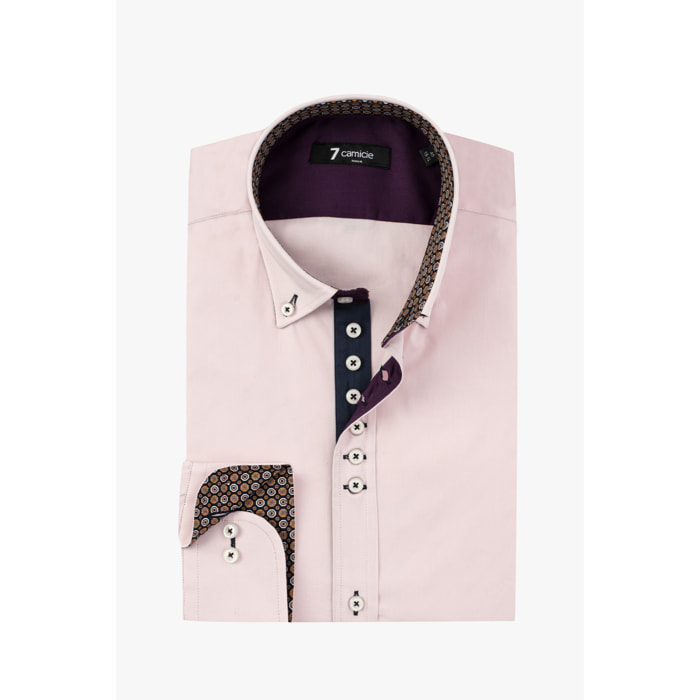 Camicia Uomo 1 Bottoni Button Down Slim Popeline Stretch Unito Rosa