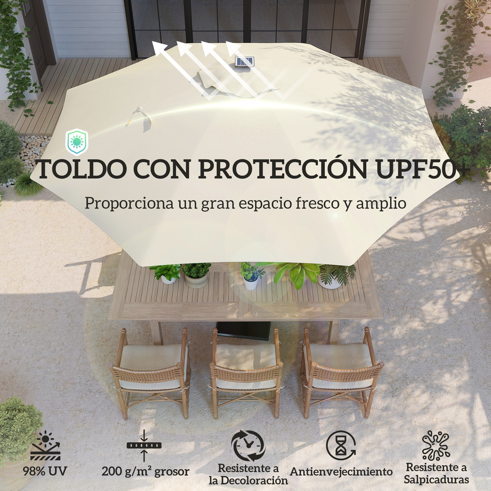 Sombrilla Terraza Exterior con Luces LED Ø300x256 cm Sombrilla de Jardín con Manivela Techo de Ventilación Protección UV50+ y Poste de Aluminio Parasol para Patio Piscina Playa Crema