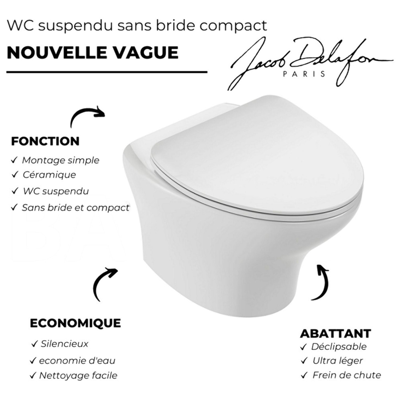 Pack WC suspendu sans bride compact Nouvelle vague+ bâti-support + plaque Blanc brillant