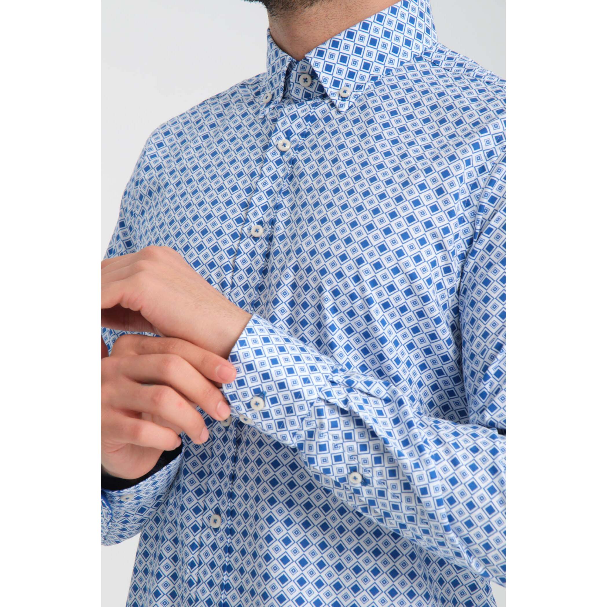camicia uomo 1 bottone button down slim Popeline Stretch Stampato Bianco/Bluette