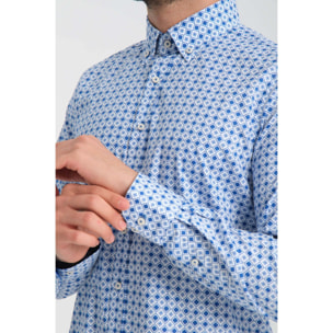 camicia uomo 1 bottone button down slim Popeline Stretch Stampato Bianco/Bluette