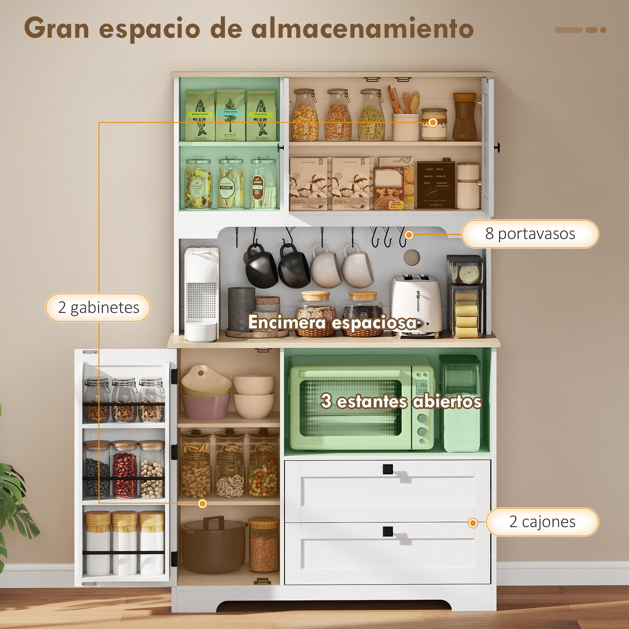 Alacena de Cocina, Mueble Auxiliar de Cocina con 3 Puertas, 2 Cajones, 3 Estantes en la Puerta, 8 Ganchos, Encimera Amplia para Microondas, Estantes Ajustables, Orificios para Cables, Blanco