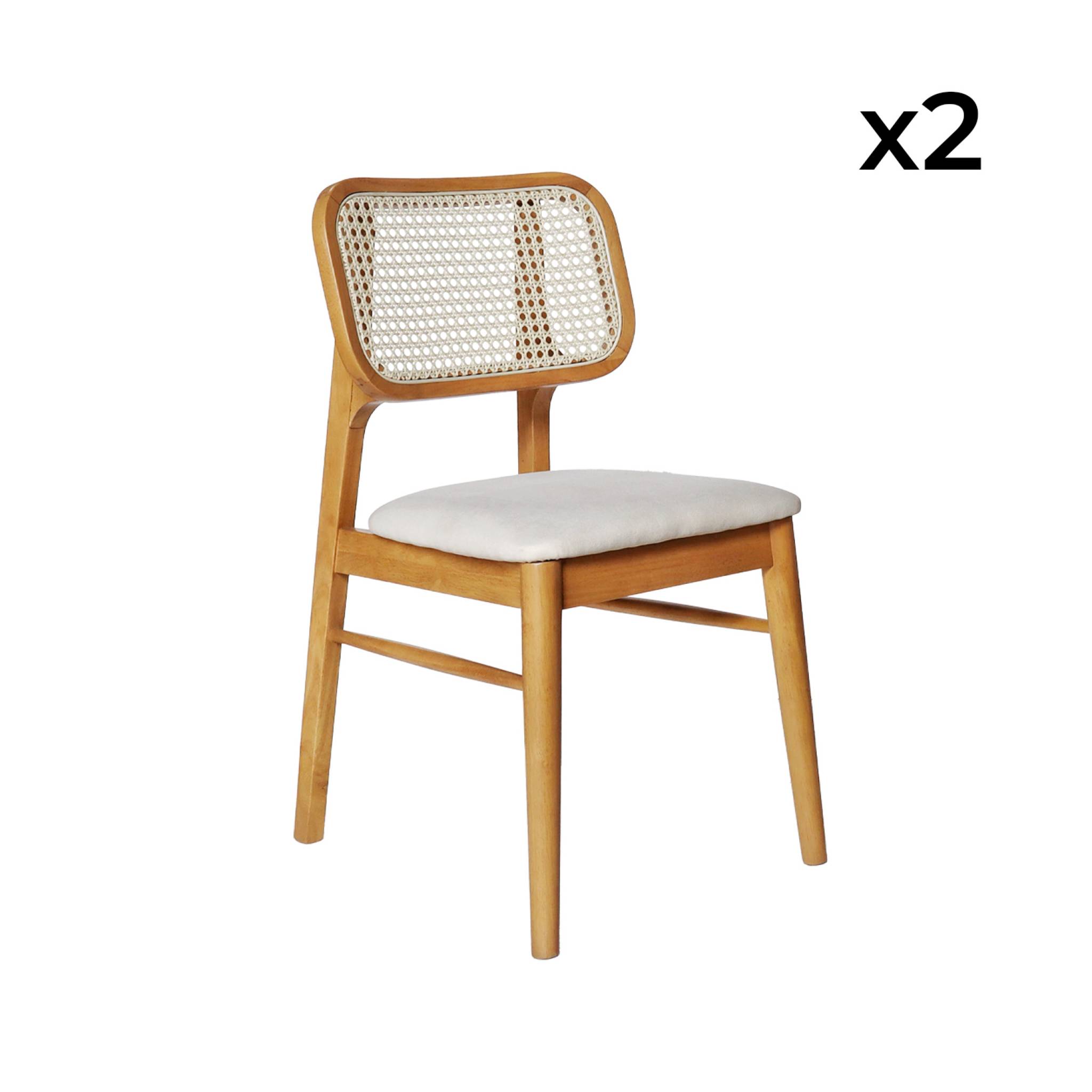 Lot de 2 chaises bois d'hévéa. cannage et tissu beige. bohème. L 43 x P 55 x H 81cm