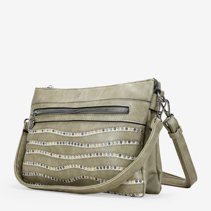 Bolso de hombro verde con cremallera y tachas