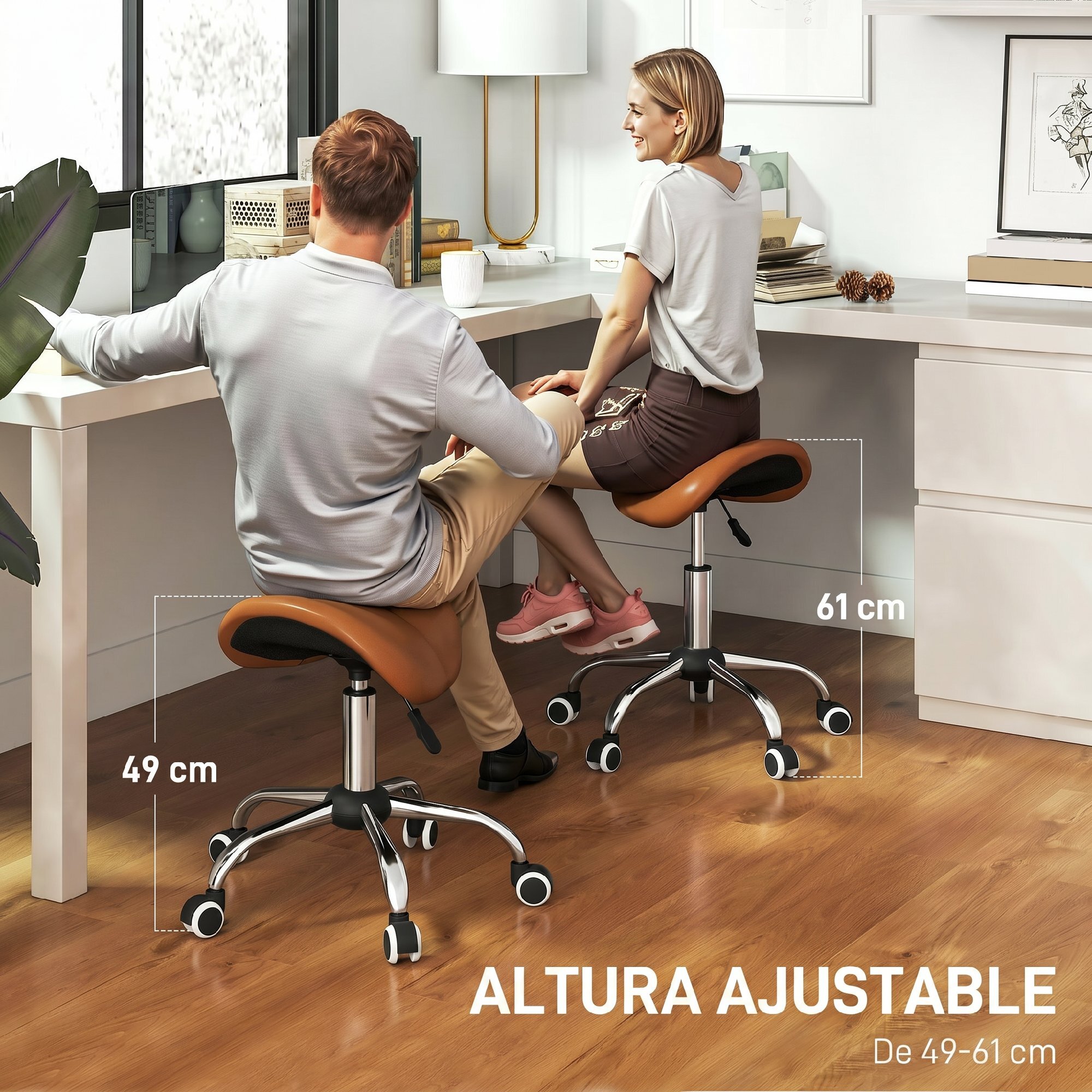 Taburete con Ruedas Taburete Giratorio Cosmético con Altura Ajustable Asiento Acolchado y Amplio Dentista Peluquería Carga 120 kg 52x53x49-61 cm Marrón