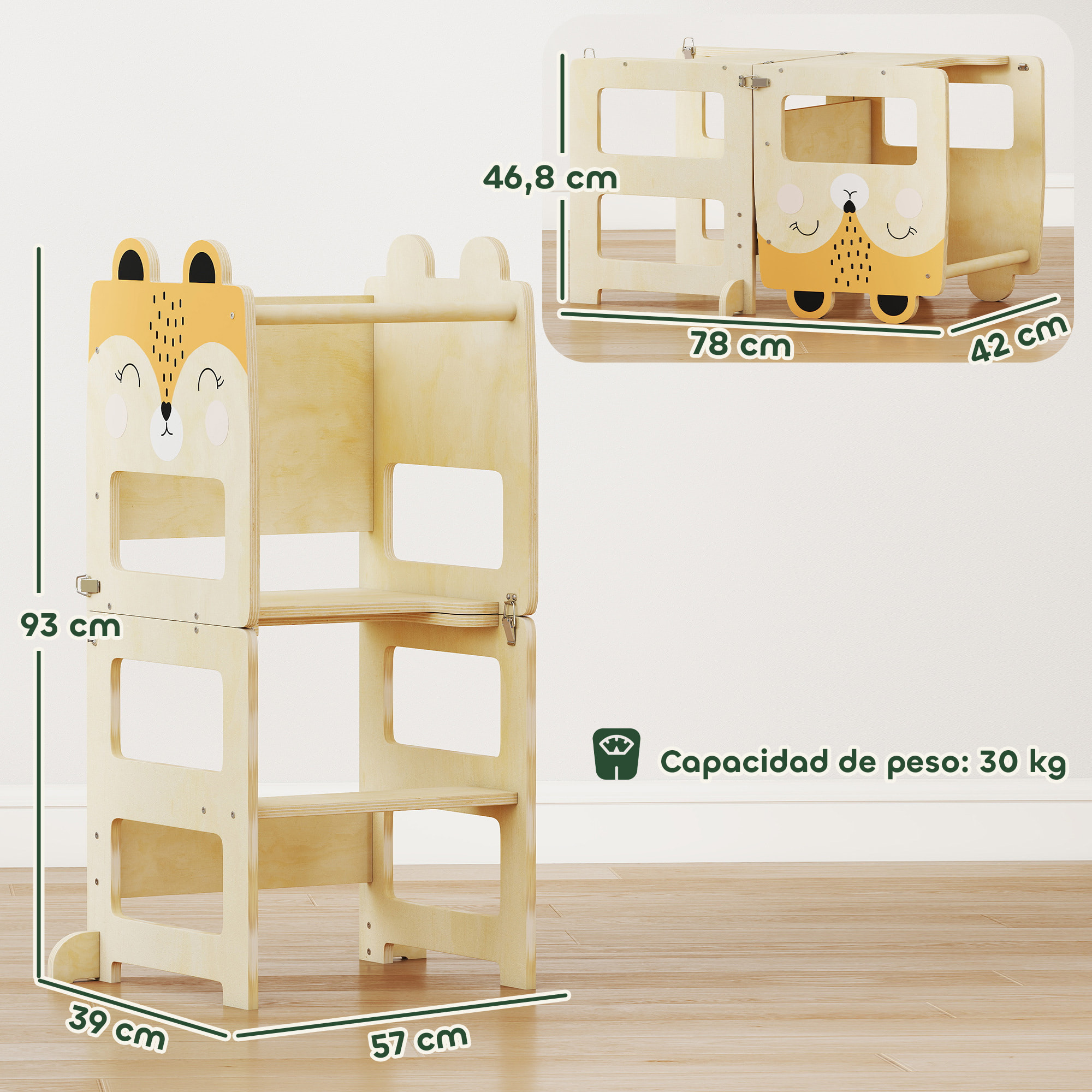 Torre de Aprendizaje 3 en 1 Plegable, Convertible en Escritorio y Silla, Taburete de Aprendizaje para Niños de 2-5 Años con Pizarra, Dibujos de Zorros, para Baño, Cocina, Natural