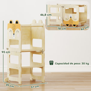 Torre de Aprendizaje 3 en 1 Plegable, Convertible en Escritorio y Silla, Taburete de Aprendizaje para Niños de 2-5 Años con Pizarra, Dibujos de Zorros, para Baño, Cocina, Natural