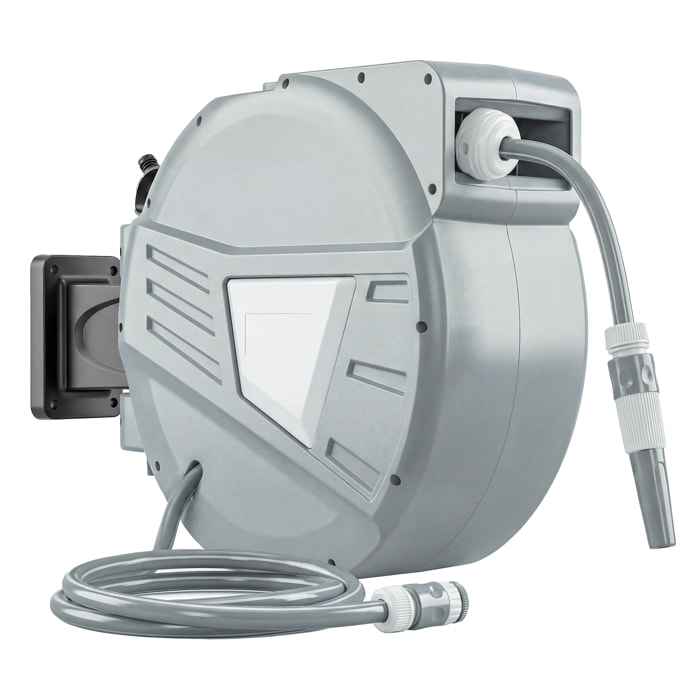 Dévidoir mural enrouleur automatique pivotant 180° tuyau 30 + 2 m avec lance arrosage 2 modes support mural intégré gris clair