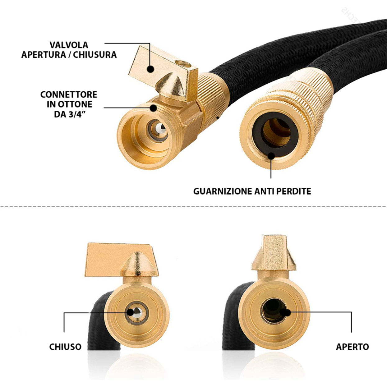 Tubo Da Giardino Estensibile Da 2.5 a 7.5 Metri Raccordi Ottone Massiccio Tubo Flessibile Per Acqua Valvola Di Arresto Ugello Multifunzione 8 Funzioni