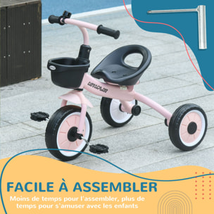 Tricycle enfant multi-équipé garde-boue sonnette panier pédales antidérapantes siège réglable avec dossier métal rose