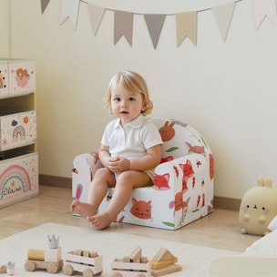 Sillón Infantil con Estampado de Zorros, Sofá para Niños de 18-36 Meses con Funda Extraíble y Lavable, Bolsillo Lateral, Reposabrazos, Carga 45 kg, Blanco